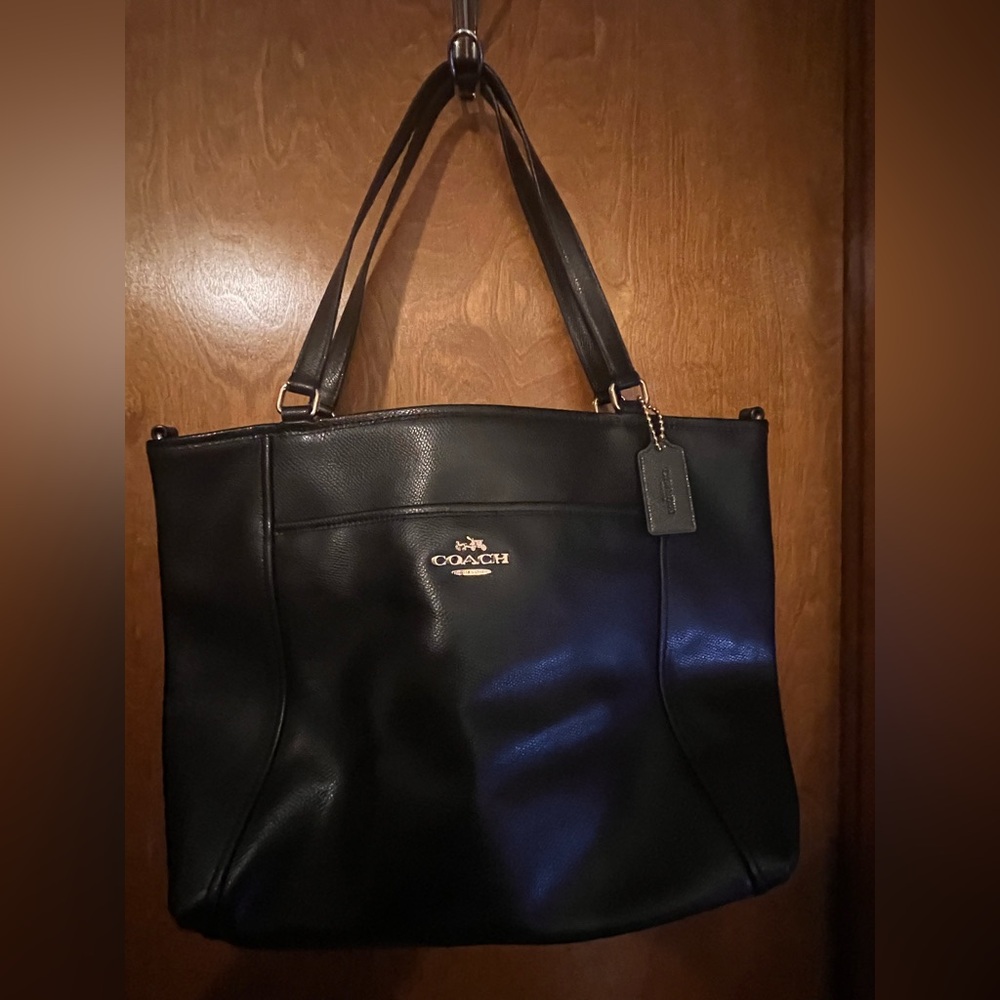 Coach Black Leather Tote with Silver Accents